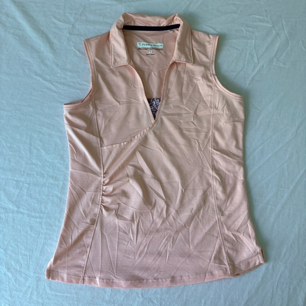 Pebble Beach Womens Peach Pink Dry Luxe Performance Sleeveless Polo Shirt Size M